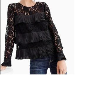 J Crew Black Lace Pleated Tiered Ruffle Long Sleeve Blouse Size 10